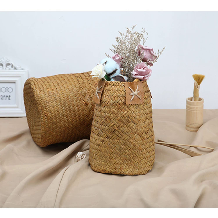 Hand woven rattan hand-held flower basket, grass woven flower pot, new round flower pot - Image 3